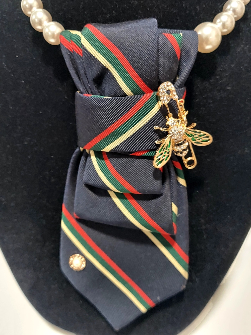Women's Fashion Statement Navy Striped Ribbon Tie and Gold Bee Pin